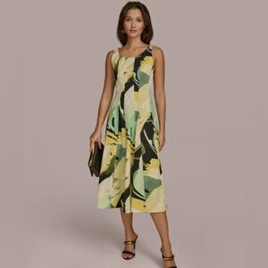 Donna Karan New York Women's Abstract-Print MIDI Dress - Black/chartreuse Multi